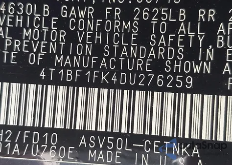 2013 Toyota Camry Le z USA, uszkodzony, nr VIN 4T1BF1FK4DU276259